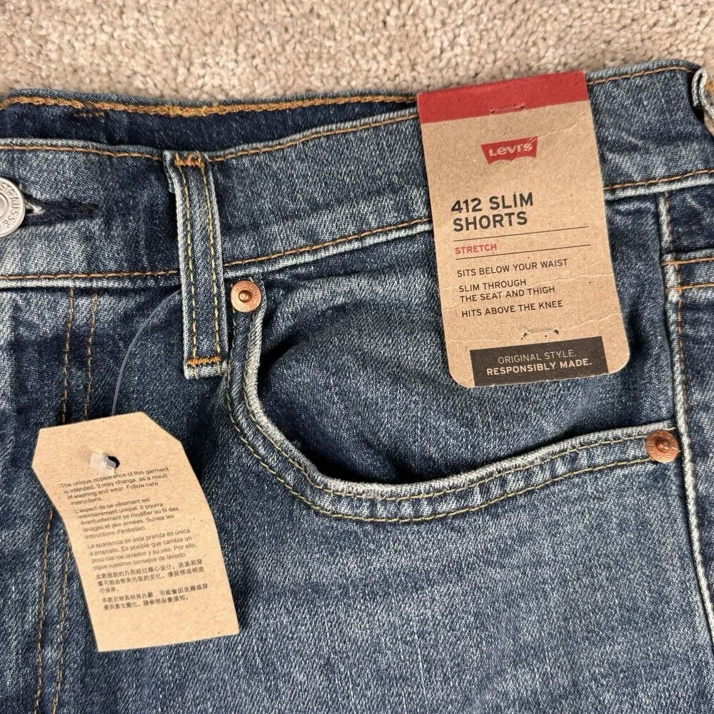 Levi's 412 Jean Shorts NWT New Slim Fit Distressed Ripped Denim Blue Men's 32 9